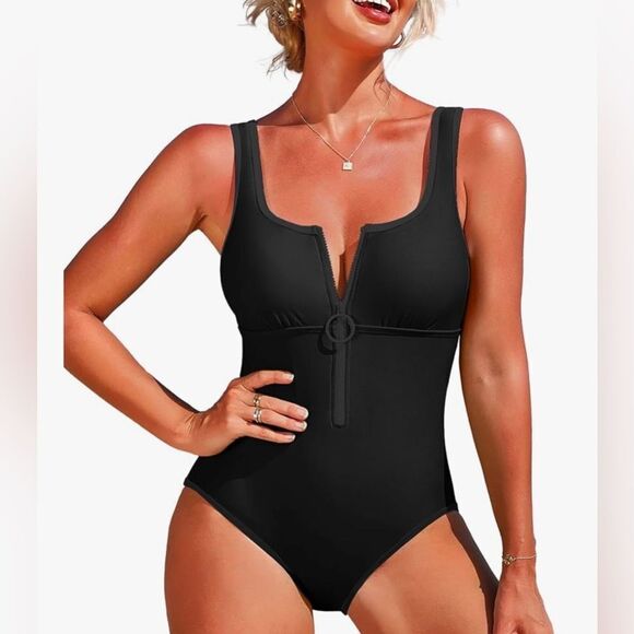 Charmo Women's One Piece Swimsuit Zipper Front Square Round Neck Monokini Small - Picture 1 of 8